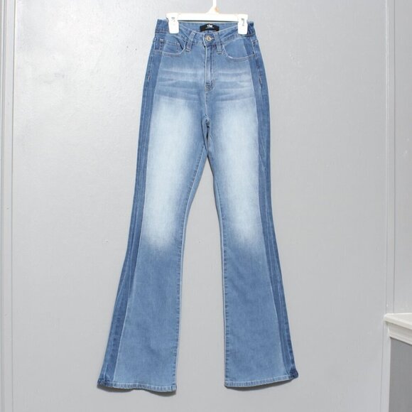YMI Denim - YMI light denim side stripe distressed hem high rise flare jeans